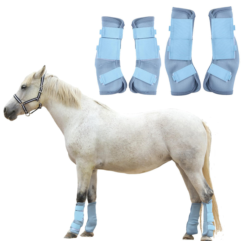 Adjustable Horse Fly Boots Set of 4, Equine Leg Protection Reduce Stomping, Breathable Mesh Fly Boots for Horses, Horse Leggings Leg Guards Light Blue 01 Pony