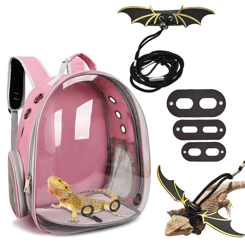 kathson Bearded Dragon Carrier with Harness and Leash Set, Large Reptile Travel Carrier Portable Lizard Backpack Clear Small Animals Carrying Bag for Gecko Hamster Rabbit Hedgehog Kitten (Pink) Pink