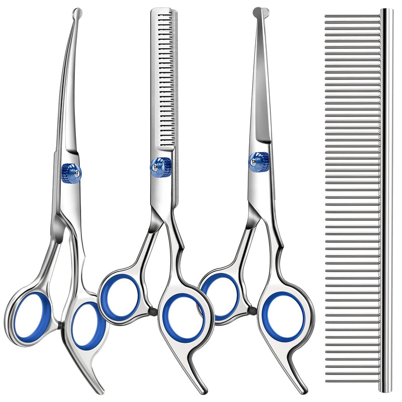 Professional 4 in 1 Dog & Cat Grooming Scissors Kit with Safety Round Tips,Sharp & Durable,Dog Shears for Grooming - Includes Straight, Curved, Thinning Scissors and Comb - Premium Pet Supplies - PawsPlanet Australia