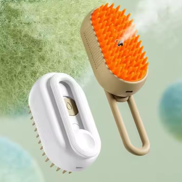 3-in-1 Pet Steam Brush for Cats & Dogs - Rechargeable Dog Brush for Shedding, Deshedding Dog Brush With Mist Spray, Anti-Static Comb & Massage for Relaxation, Orange & Khaki Orange and Kaiki - PawsPlanet Australia