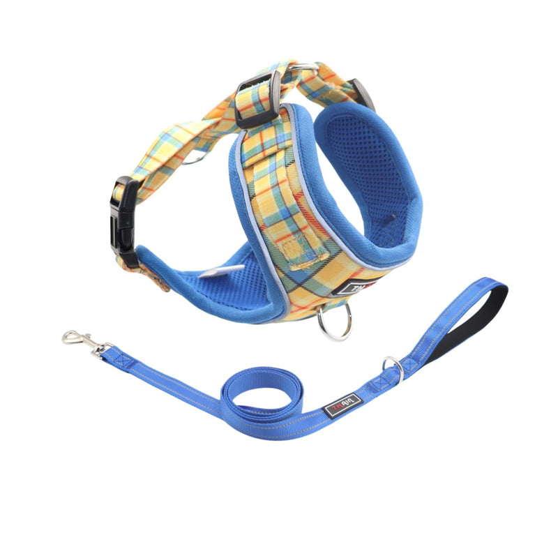 THAIN Reflective Dog Harness & Leash Set – No-Pull Design, Adjustable & Comfortable for Small Dogs (XS, Yellow Plaid) XS - PawsPlanet Australia