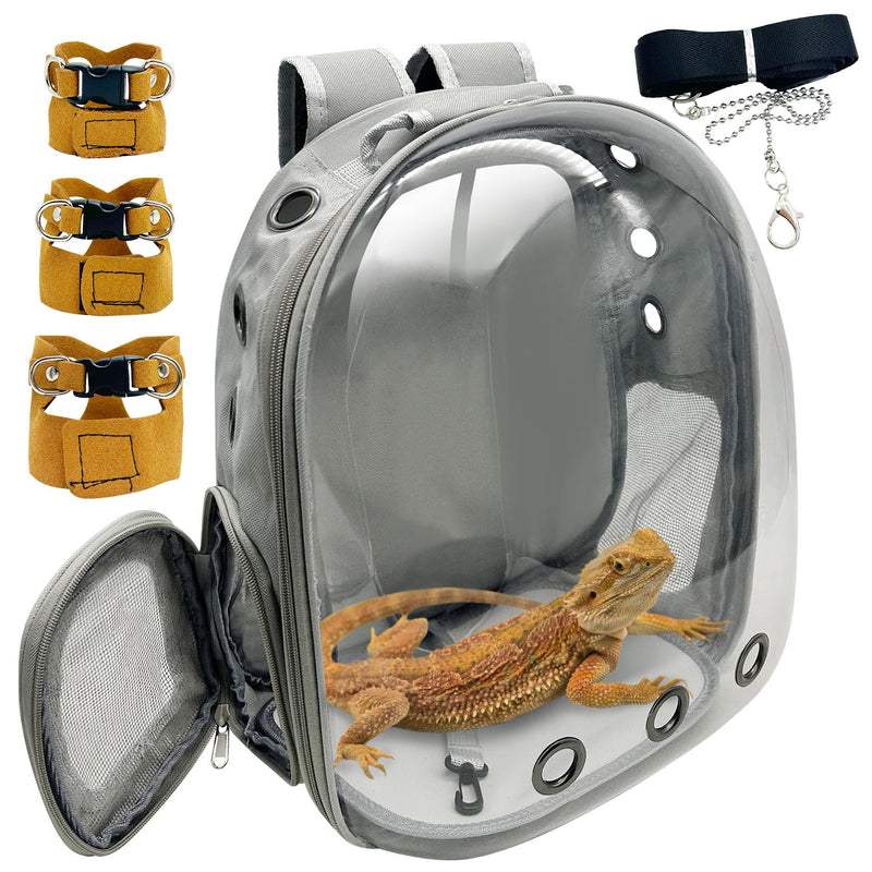 PINVNBY Bearded Dragon Carrier Backpack with Harness and Leash Set Large Reptile Travel Carrier Portable Lizard Backpack Clear Bubble Window Small Animal Carrying Bag for Gecko Kitten Rabbit (Gray) Gray - PawsPlanet Australia