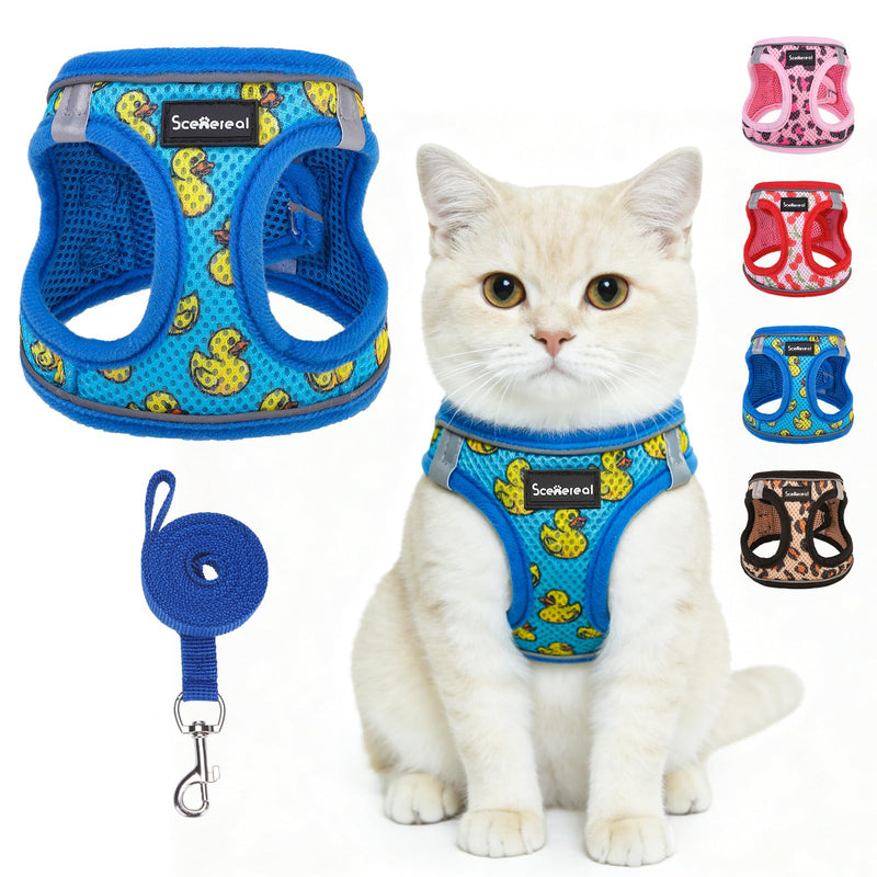 SCENEREAL Cat Harness & Leash Set Escape Proof - Adjustable Air Mesh Vest with Reflective Strips for Kittens, Puppies, Rabbits, Duck M Medium(Chest Adjustable 13-14.5in)