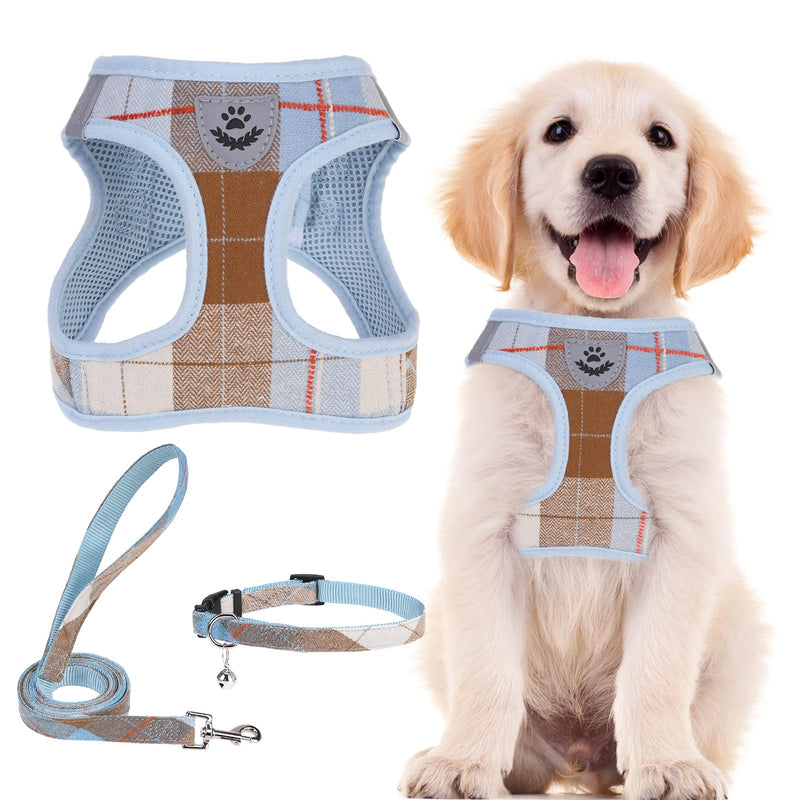 PUPTECK Adjustable Dog Harness Collar and Leash Set Step in No Pull Pet Harness for Small Medium Dogs Puppy and Cats Outdoor Walking Running, Soft Mesh Padded Reflective Vest Harnesses, BlueBrown XS Light Blue XS (CHEST 13"-14.5") - PawsPlanet Australia