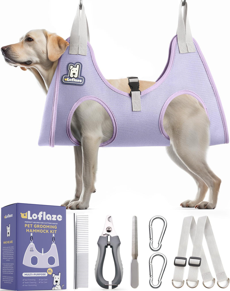 Dog Grooming Hammock Harness for Dogs & Cats with Pet Nail Clipper Trimmer - Cat Hanger Sling for Trimming Clipping Nails- Dog Hammock Restraint Bag for Small Medium Large pet （ Purple XL） XL ( Legs Distance : 9.5-18.8" / Max W：85lb ) - PawsPlanet Australia