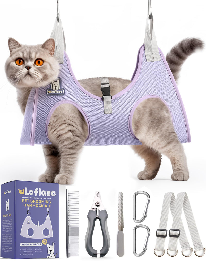 Dog Grooming Hammock Harness for Dogs & Cats with Pet Nail Clipper Trimmer - Cat Hanger Sling for Trimming Clipping Nails- Dog Hammock Restraint Bag for Small Medium Large pet （ Purple XS） XS ( Legs Distance :3.2-9" / Max W：20lb ) - PawsPlanet Australia