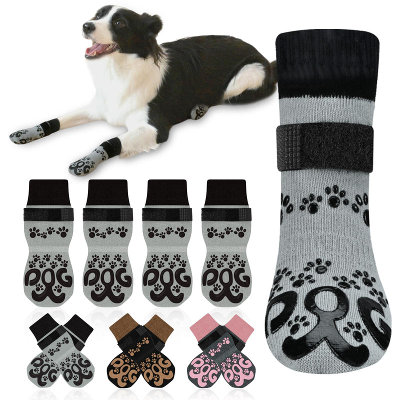 Anti Slip Dog Socks to Prevent Licking Paws - Double Side Paw Covers Dogs Grip Sock for Hardwood Floors, No Twist Dog Grippy Socks for Small Medium Large Senior Dogs, Light Grey and Black, L L(Pack of 4) - PawsPlanet Australia
