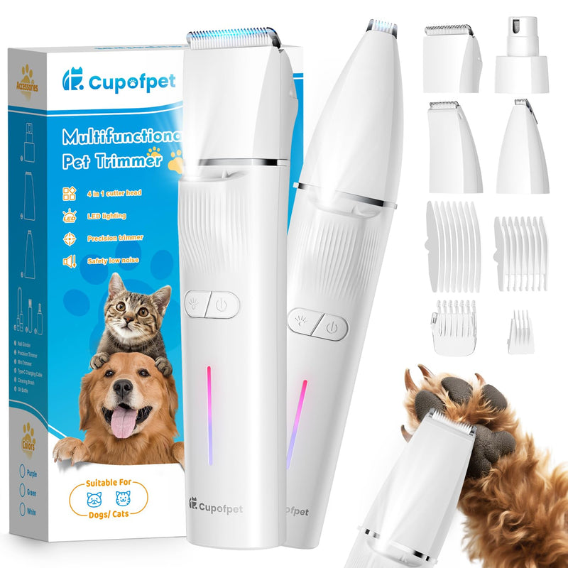 Dog Clippers Grooming Kit with LED Light 4 in 1, 2025 Upgraded Low Noise Dog Paw Trimmer Nail Grinder Grooming Clippers, 2-Speed Professional Pet Hair Trimmer Face Shaver for Paw,Nail,Body,Ear (White) White - PawsPlanet Australia