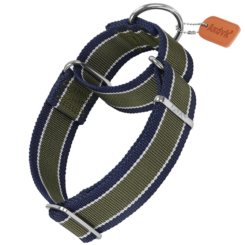 Martingale Collar 1.5 Inch Wide 1600D Extra Strong Anti Escape Nylon Dog Collar, No Pull Heavy Duty Dog Collar with 3-Color Stripe for Medium Dogs (M, Army Green & Gray) Medium: 14" -21" - PawsPlanet Australia