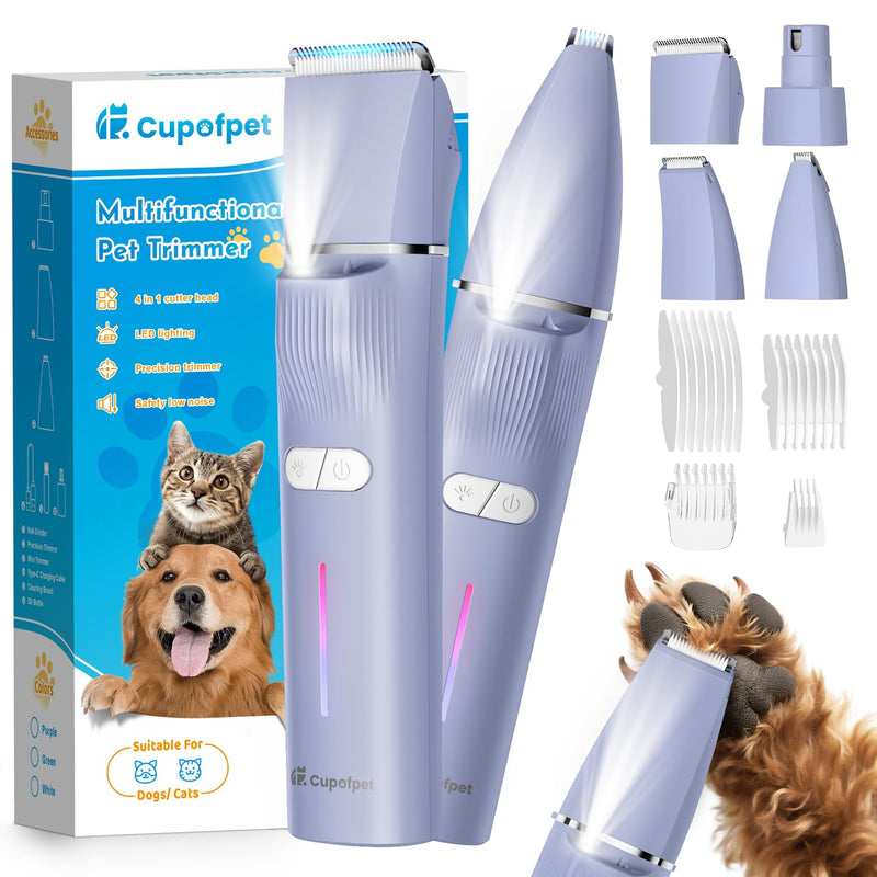 Dog Clippers Grooming Kit with LED Light 4-in-1, 2025 Upgraded Low Noise Dog Paw Trimmer Nail Grinder Grooming Clippers, 2-Speed Professional Pet Hair Trimmer Face Shaver for Paw,Nail,Body (Purple) Purple - PawsPlanet Australia