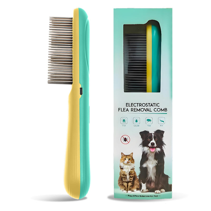 Premium Flea Comb for Dogs & Cats with Long Hair - 3-Row Stainless Steel Detection Tool with Manual Cleaning Brush | Electric Negative Ion Grooming Comb for Shaggy Dogs, Cats and Long-haired Animals - PawsPlanet Australia