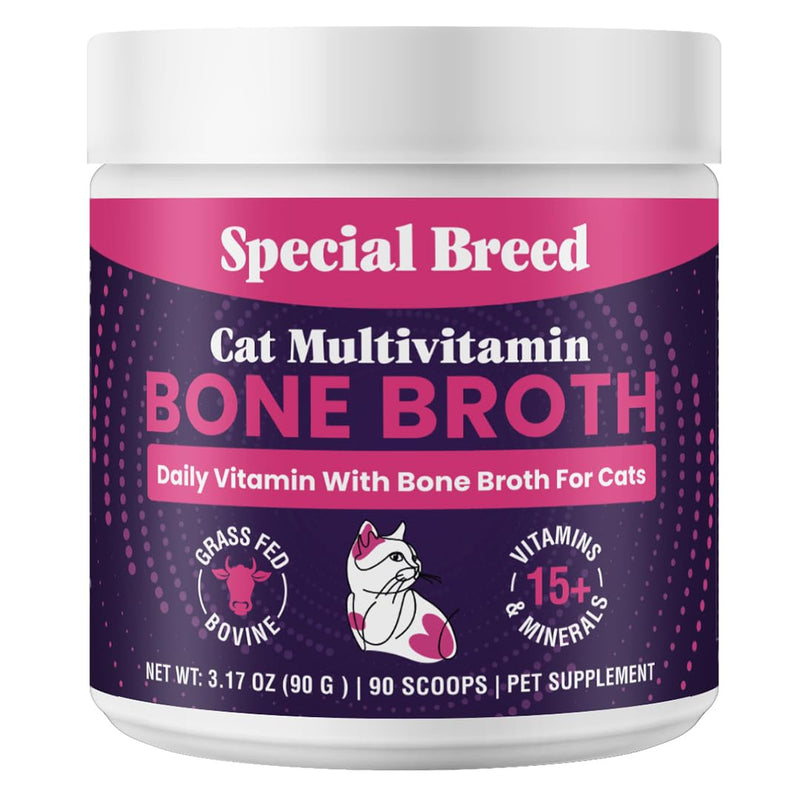 Cat Multivitamin with Grass-Fed Beef Bone Broth – Daily Supplement for Immune, Joint, Skin, Coat & Gut Health – Omega 3s, Lysine, Beta Glucan, Vitamins A-E, C, D – 90 Day Supply – No Fillers 90 Grams