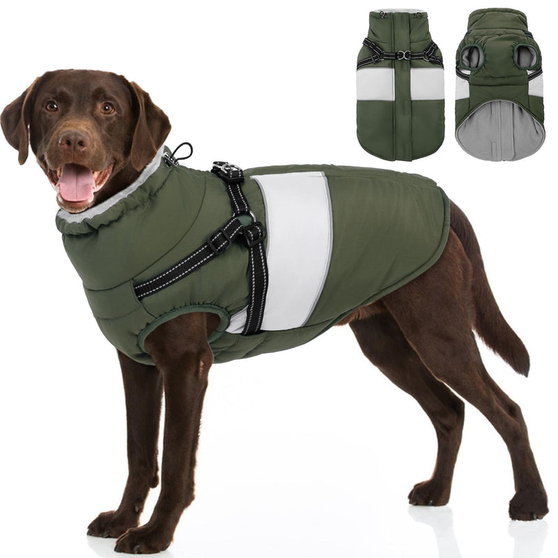 SUNFURA Dog Coat, XXXL Dog Jacket Winter with Harness Built in, Waterproof Pet Snow Jacket with Furry Collar for Chilly Day, Reflective Fleece Snowsuit for Extra Large Dogs, Army Green 3XL XXX-Large - PawsPlanet Australia