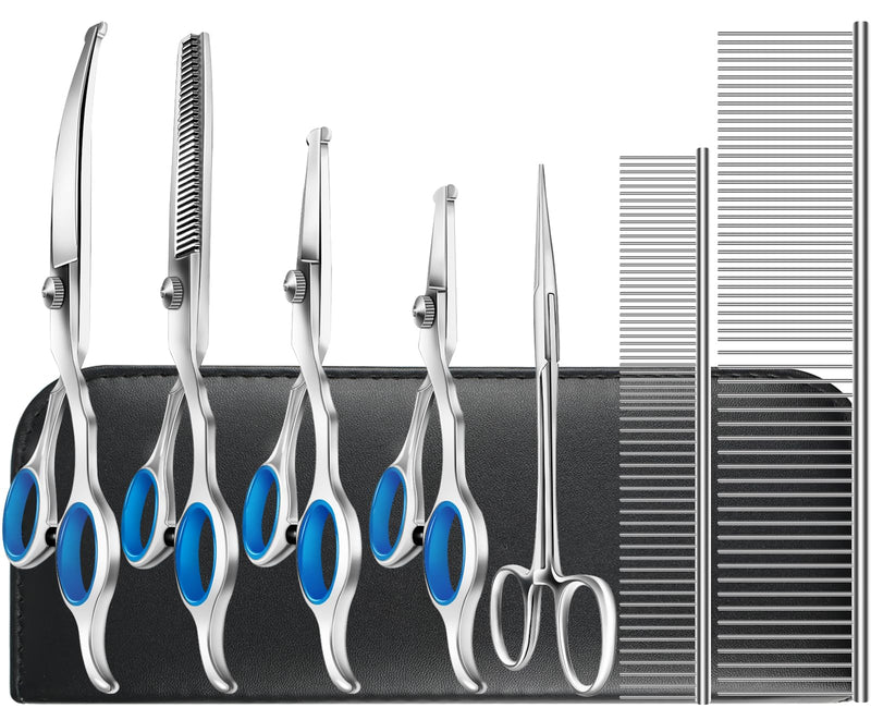 Niura Pet Grooming Scissors Set - Professional Stainless Steel Grooming Kit with Curved, Straight, Thinning, Round Tip Scissors, Combs, Ear Cleaning Hemostat Forceps & Storage Bag - PawsPlanet Australia