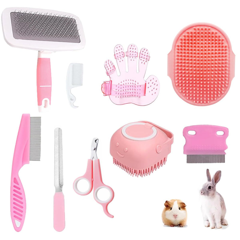 9PCS Small Animal Grooming Kit, Cleaning Brush Removes Loose Hair, Pet Bath Brush,Shampoo Brush, Nail Clipper, Flea Comb (9PCS-Pink) 9PCS-Pink - PawsPlanet Australia