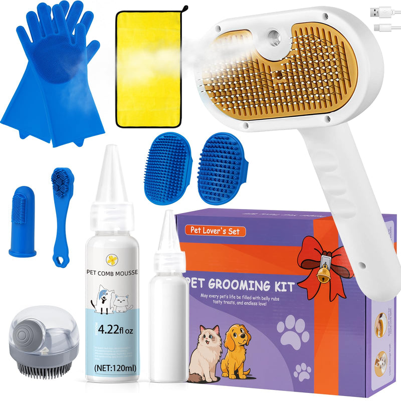 3-in-1 Pet Steam Brush Set for Dogs & Cats, Grooming Comb with Spray, Defur Tool, Water-Free Shampoo, Bath Gloves,Bath Brush, Tooth & Ear Brush, Towel (11PCS) 7.9"-Big combination - PawsPlanet Australia