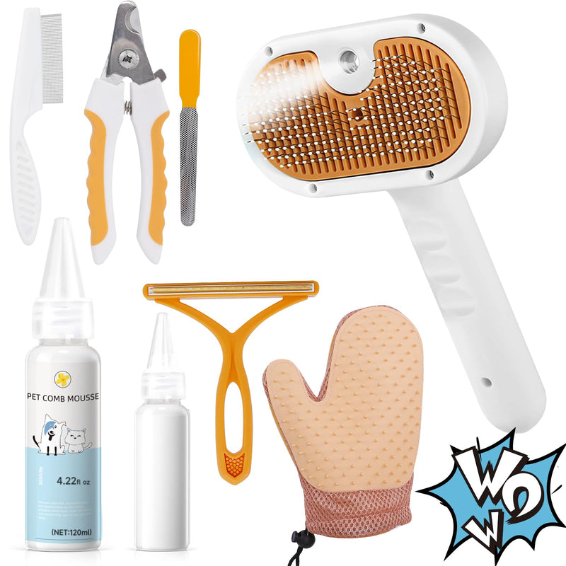 Pet Steam Brush for Dog & Cat – 3-in-1 Spray Hair Removal Comb for Shedding & Grooming, Softens Fur & Reduces Static – Water Brush for Long & Short Coats, Bath-Hating Pets, Includes Waterless Shampoo 7.6″-124ML