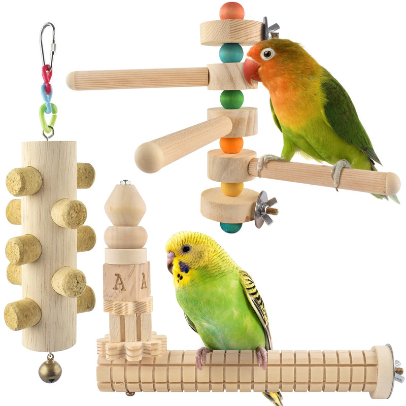 3pcs Natural Wood Bird Chewing Toys, Parrot Rotating Perch Stand, L-Shaped Perches with Chew Block, Hanging Cork Stopper Toys, Bird Cage Accessories for Parakeets Cockatiels Conures Lovebirds - PawsPlanet Australia