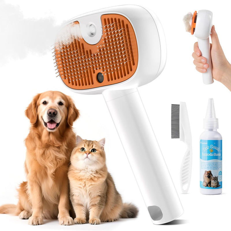 4-in-1 Cat Steam Brush, 2025 Upgraded Pet Steam Brush for Indoor Cats Dogs Spray Hair Removal Comb, 2 Spray Self-Cleaning Dog Brushes for Shedding,Massage,Cleaning Grooming (White) White - PawsPlanet Australia