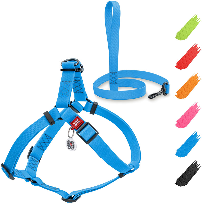 WAUDOG Waterproof Dog Harness and Leash 6 Ft Set - Adjustable, Heavy Duty with Durable Metal Clasp and QR Dog Tag Set: M (20-21") + Leash 6 Ft Blue - PawsPlanet Australia