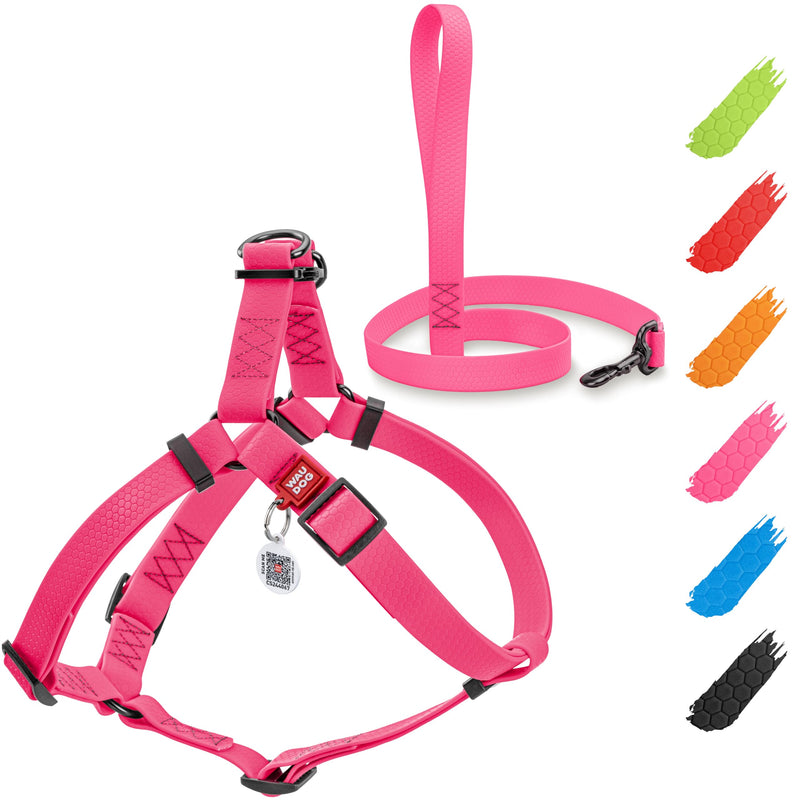 WAUDOG Waterproof Dog Harness and 6 Ft Leash Set - Adjustable, Heavy Duty with Durable Metal Clasp and QR Dog Tag Set: S (16-22") + Leash 6 Ft Pink - PawsPlanet Australia