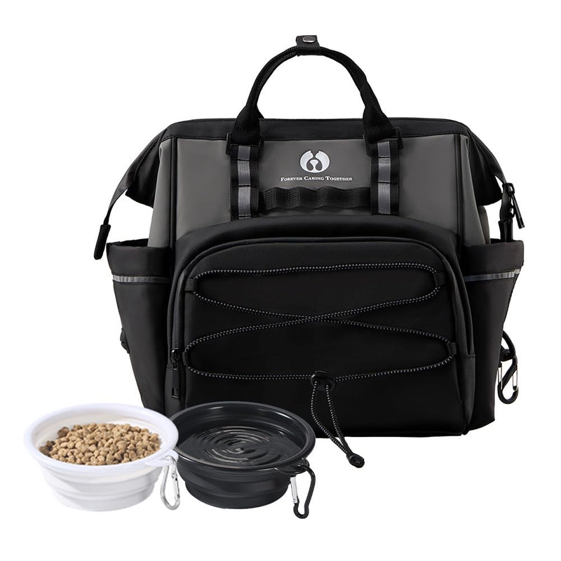 Dog Travel Bag, Airline Approved Pet Supplies Backpack, Dog Travel Backpack Accessories Set with 2 Silicone Collapsible Bowls and 1 Leash Clip for Camping, Road Trips & Weekends Away（Black） - PawsPlanet Australia