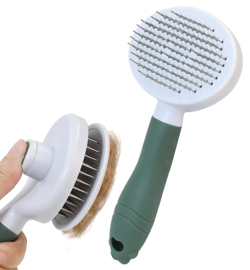 Pet Self-Cleaning Slicker Brush for Dogs & Cats, Deshedding Grooming Comb, Removes Loose Undercoat Hair & Mats, Skin-Friendly Massaging Tool for Long/Short Fur, Large & Small Breeds (Green) Green - PawsPlanet Australia