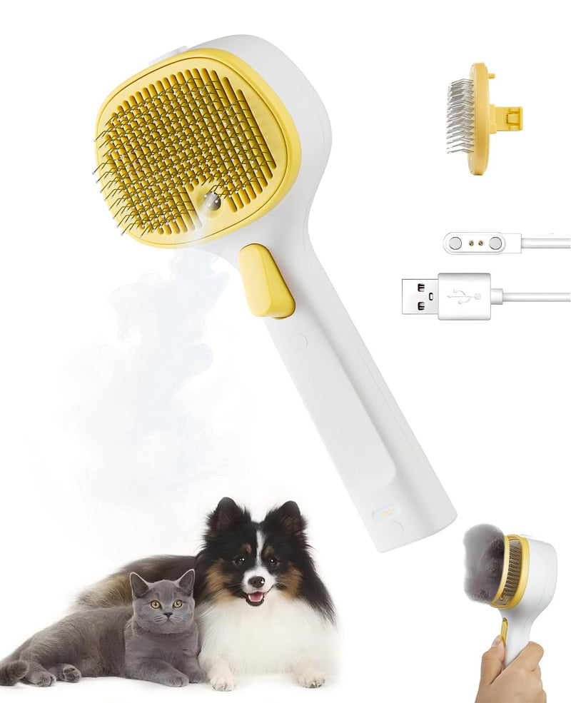 Cat Steam Brush for Cats & Dogs, Pet Steam Brush 3-in-1 with 2 Mist Modes, One-Touch Self Cleaning, Magnetic Safe Charging, Cat Hair Brush for Shedding, Dog Brush for Shedding, Yellow (Long Head) Yellow - Long Head