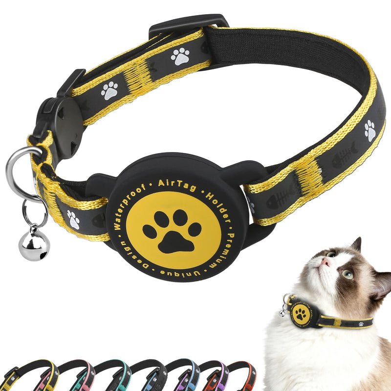 Airtag Cat Collar Breakaway, Reflective Cat Collar with Apple AirTag Holder and Bell, Comfortable Padding, Adjustable, Durable (Yellow) Yellow - PawsPlanet Australia