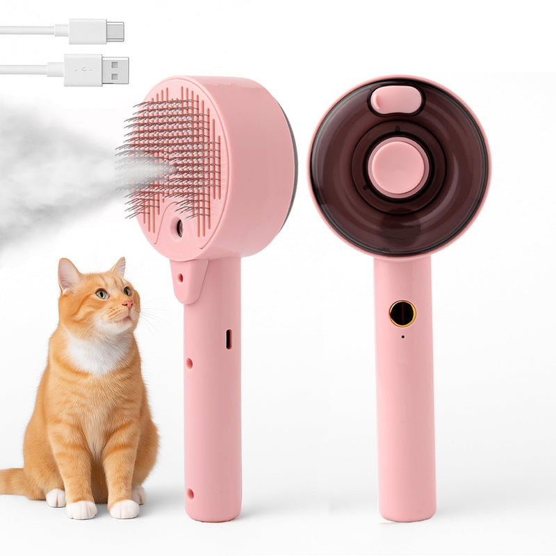 Cat Brush with Steam for Shedding & Grooming – Self Cleaning Deshedding Comb with Dual Mist Spray, Blue Light & 140° Curved Bristles – For Long-Haired Cats & Small Dogs - PawsPlanet Australia
