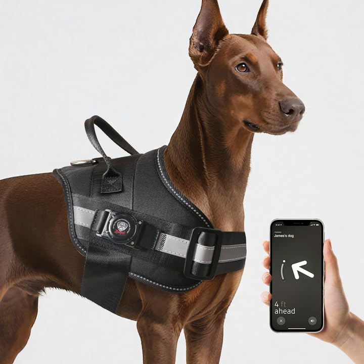 Waterproof AirTag Dog Harness, No-Pull Dog Harness with Airtag Holder, Reflective Adjustable Dog Vest Harness with Apple Air Tag Case, Material- Durable Harness for Small Medium Large Dogs (Black, L) - PawsPlanet Australia