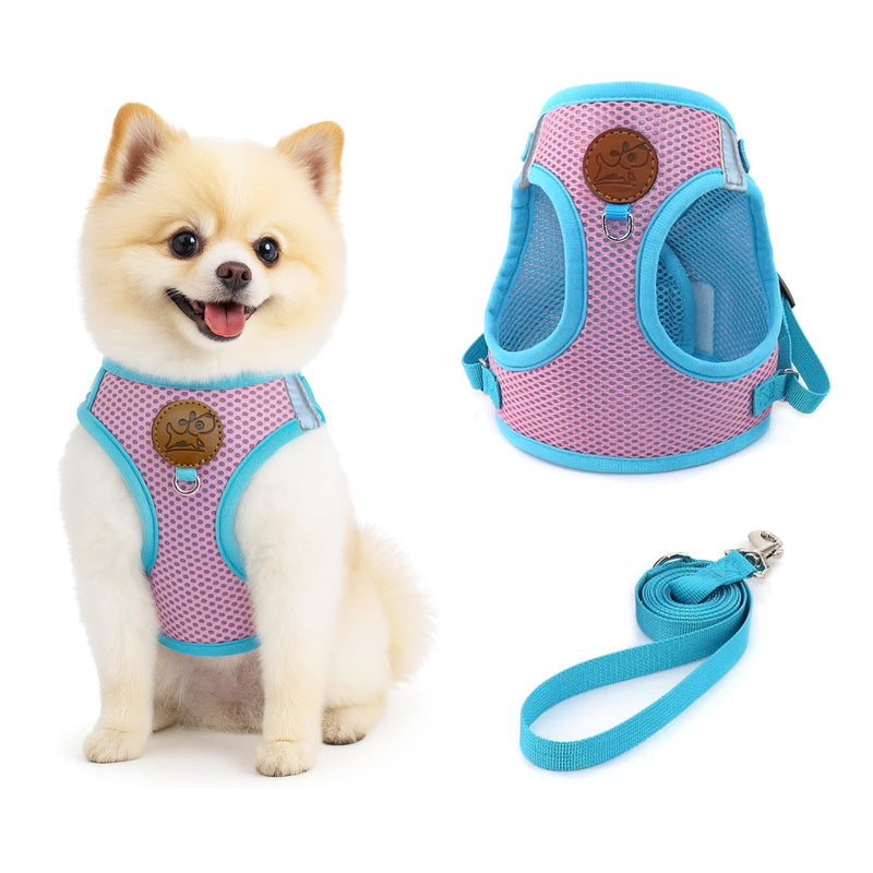Small Dog Harness and Leash Set, Adjustable Step-in Dog Harness with Back Clip, Reflective Escape Proof Easy Walk Dog Harness for Small Sized Dog, Puppy, Cats (PinkBlue S) Pink+Blue - PawsPlanet Australia