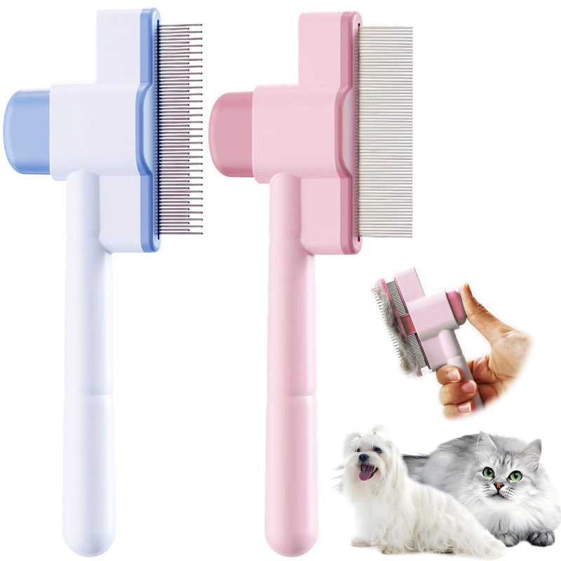 2pcs Cat Comb Set Flea Comb 2 Styles Pet Comb Self Cleaning Upgraded Cat Brush for Long Haired Cats & Dogs Blue, Pink