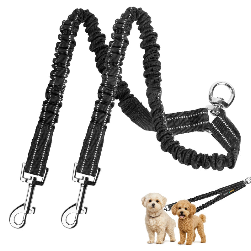 MingXpet 2 Dog Leash, Dog Leash for 2 Dogs, 360° Swivel No Tangle Double Walking Training Leashes for Small Dogs, Comfortable Shock Absorbing Reflective Bungee, Black - PawsPlanet Australia
