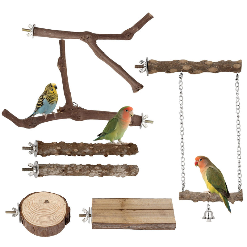 7PCS Bird Perches, Natural Wood Parrot Perch Stand, Bird Perch Chewing Stick Cage Accessories Hanging Multi-Branch Perch Platform Swing Toy for Parakeets, Cockatiels, Small Medium Birds - PawsPlanet Australia