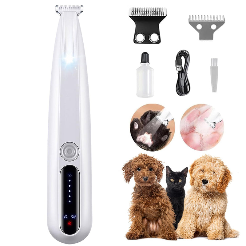 2025 New Pet Precision Trimmer, Dog Paw Trimmer with LED Light, Low Noise, IP68 Waterproof, Dual-Speed Motor, Suit for Trimming Paw, Ear, Face, Butt, Eyebrows, USB Rechageble White With Extra Blades - PawsPlanet Australia