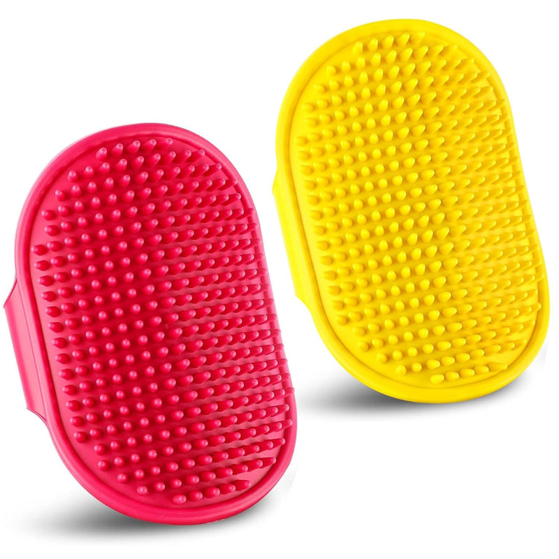 Dog Grooming Brush, Pet Shampoo Bath Brush Dog Grooming Shedding Brush Soothing Massage Rubber Comb with Adjustable Ring Handle for Long Short Haired Dogs and Cats 2pcs Red & Yellow - PawsPlanet Australia