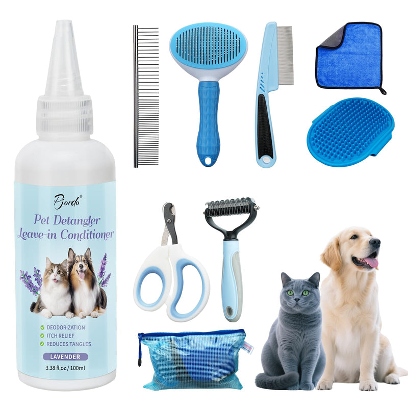 8 in-1 Dog Grooming Kit - Supplies for Short and Long Hair Dogs & Cats, Dog Brushes for Grooming, Dematting Comb for Pet, Bath Brush, Flea Comb, Pet Donditioner, Set in Blue - PawsPlanet Australia