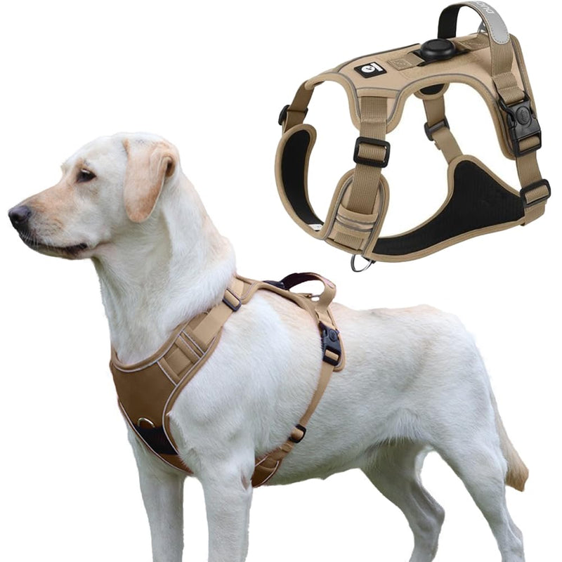 Dog Harness with Airtag Holder, No-Pull Tactical Service Dogs Vest with Handle, Escape Proof Freedom Outdoor Easy Walk Jacket with Back Front Clip for Small Medium Large Breeds,Khaki,M Khaki - PawsPlanet Australia