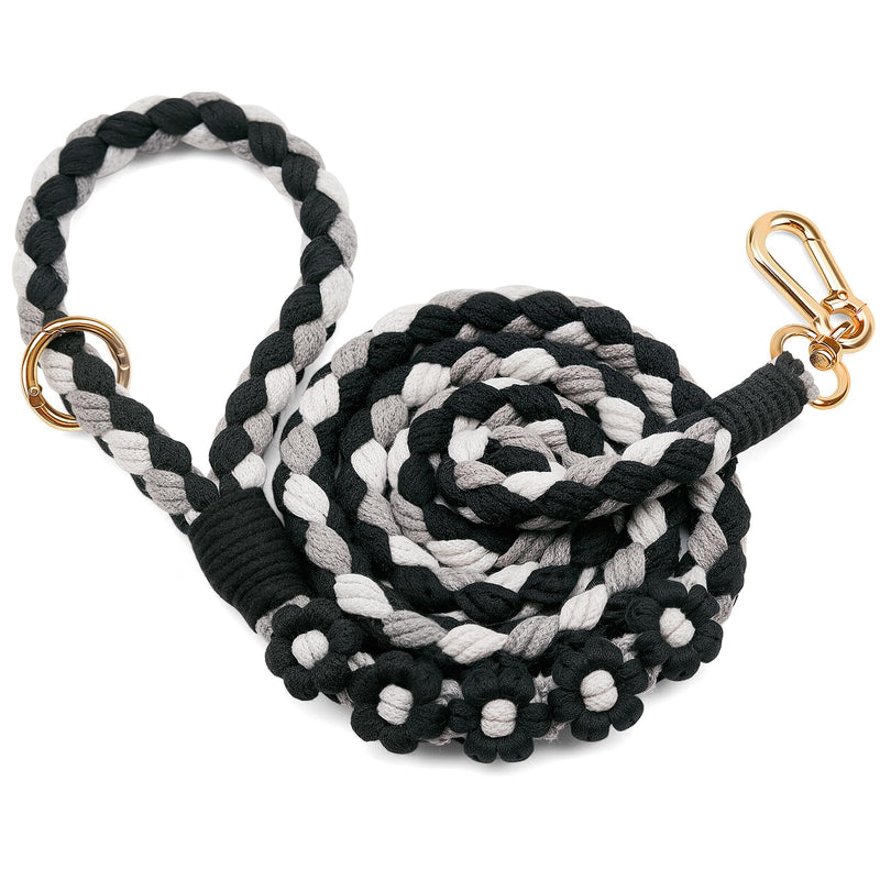 Handmade 5ft Braided Cotton Dog Leash with Unique Floral Handle, Durable and Stylish, Ideal for Small to Large Dogs, Black - PawsPlanet Australia