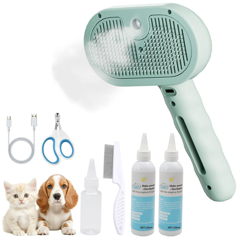 Pet Steam Brush for Cat & Dog – 4-in-1 De-Shedding, Steam Spray, and Self-Cleaning Grooming Tool – Ideal for Long and Short-Haired Pets– Includes 2 Bottles of 120 mL Waterless Shampoo(Green) Green - PawsPlanet Australia