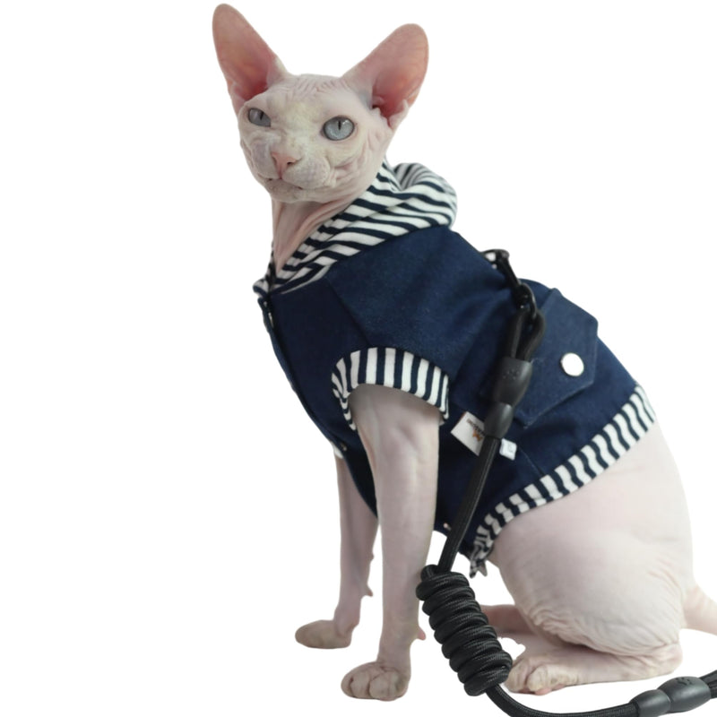 Hooded Denim Cotton Cardigan Harness Vest for Small Kitten & Cats - Adjustable Soft Pet Clothing, Stylish Puppy Kitten Jacket with Leash Attachment (Jacket Only, X-Large) Jacket Only - PawsPlanet Australia