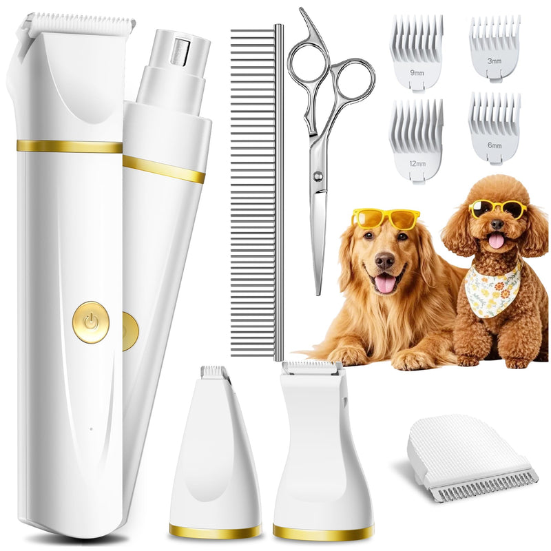 Dog Grooming Kit with Paw Trimmer, All-in-One Low Noise Electric Rechargeable Small Quiet Pet Clippers Foot Dog Hair Shaver with Stainless Steel Scissors and Comb for Dogs at Home White - PawsPlanet Australia