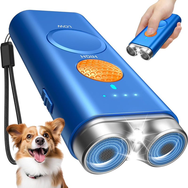 Dog Bark Deterrent Device, Anti Barking Device for Dogs Training Indoor Outdoor No More Bark Ultrasonic 2X Effective Emitters 50ft Range to Stop Neighbors Dog Barking Rechargeable for All Dogs Blue