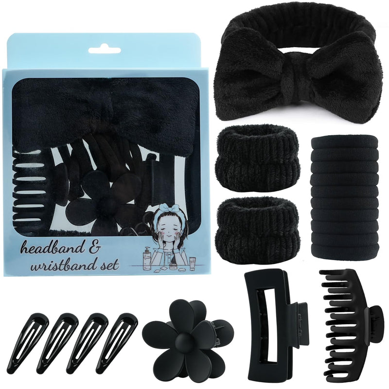 MAORULU 20PCS Spa Headband Set for Women Teens Girls with 4 Snap Hair Clips, 3 Cute Claw Clips, 10 Hair Ties, 2 Wristbands, 1 Headband, Face Wash Makeup Skincare Gift Box (Black, Large) Blacklack - PawsPlanet Australia