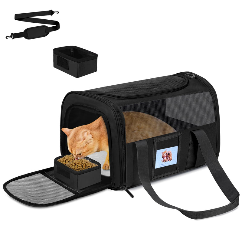 Cat Carrier Soft for Pets Up to 15 Lbs, Cat Travel Bag with Padded Shoulder Strap and Detachable Cat Food Bowl, Pet Dog Carriers for Small Dogs Travel Puppy Carry Airline Approved, Black 17"L x 12"W x 11"H - PawsPlanet Australia