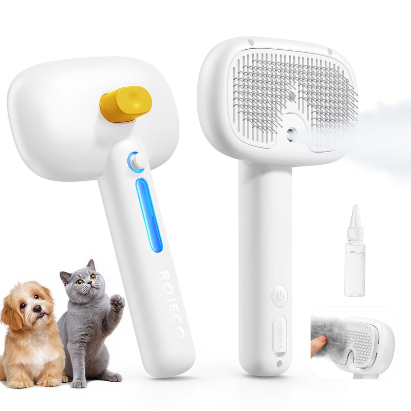 ROJECO 3-in-1 Pet Steam Brush for Cats&Dogs-Pet Spray Hair Removal Detangling Comb with Adjustable Mist,Handheld Deshedding Grooming Tool for Long/Short Hair,Massage Brush & Shedding Control,Cordless White - PawsPlanet Australia