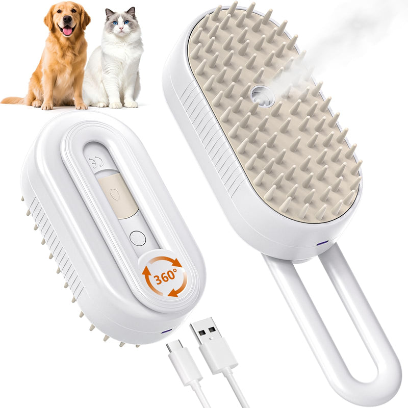 Cat Steam Brush for Shedding, Pet Steam Brush for Cats and Dog, 4 in 1 Rechargeable Cat Hair Brush, Spray Anti-Static, Massage, Cleaning, Shedding & Combing All In One, for Long & Short Haired Pets! White