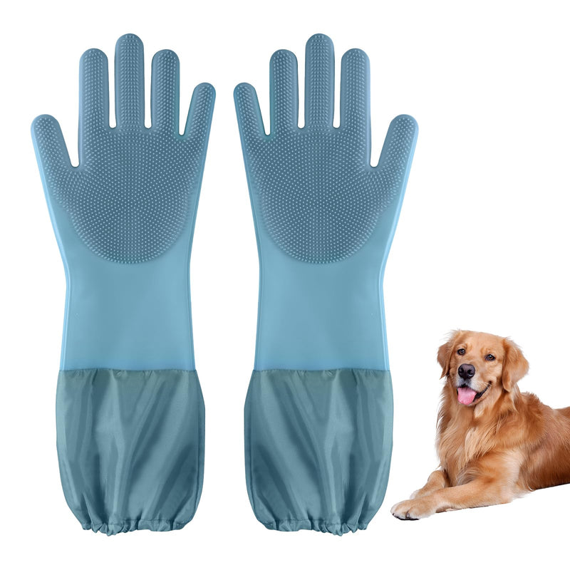 Dog Washing Gloves | Pet Grooming Gloves | Extra Long Arms (17.3") for Cats & Dogs | Massage & Hair Removal Pet Glove (Hazy Blue) hazy blue - PawsPlanet Australia