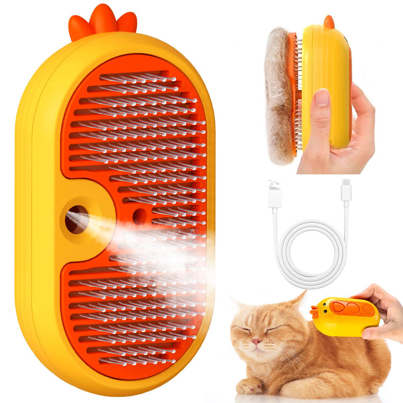 Cat Steam Brush with Release Button, 3 in 1 Rechargeable Pet Spray Water Comb for Long & Short Hair Removal, Self Cleaning Slicker Vapor Brush for Indoor Cats Dogs Rabbits Shedding Grooming Yellow - PawsPlanet Australia